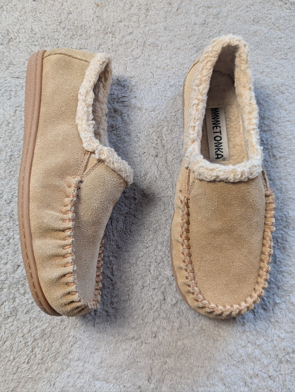 Minnetonka Size 7 Tan Leather Suede Faux Fur Moccasin Slipper